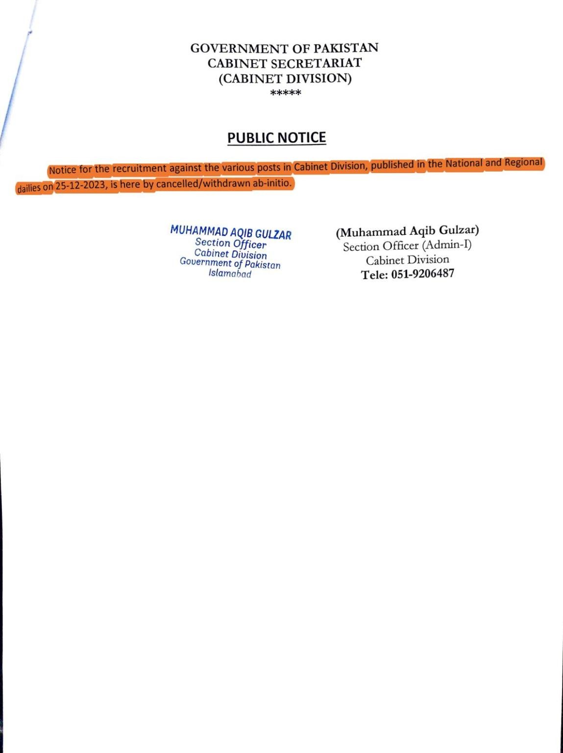 Cabinet Division Jobs Has Been Cancelled