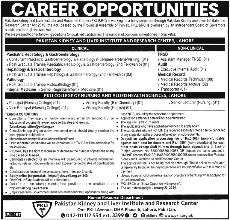 Pakistan Kidney And Liver Institute Jobs 2024