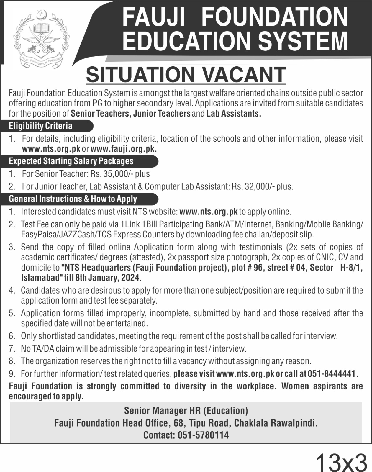 Fauji Foundation Education System Jobs 2024