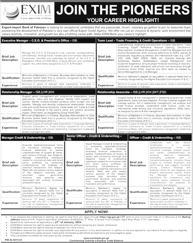 EXIM Bank of Pakistan Jobs