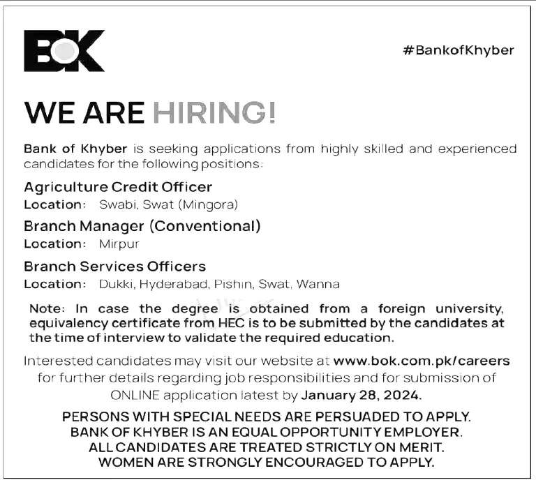 Bank of Khyber BOK Jobs 2024