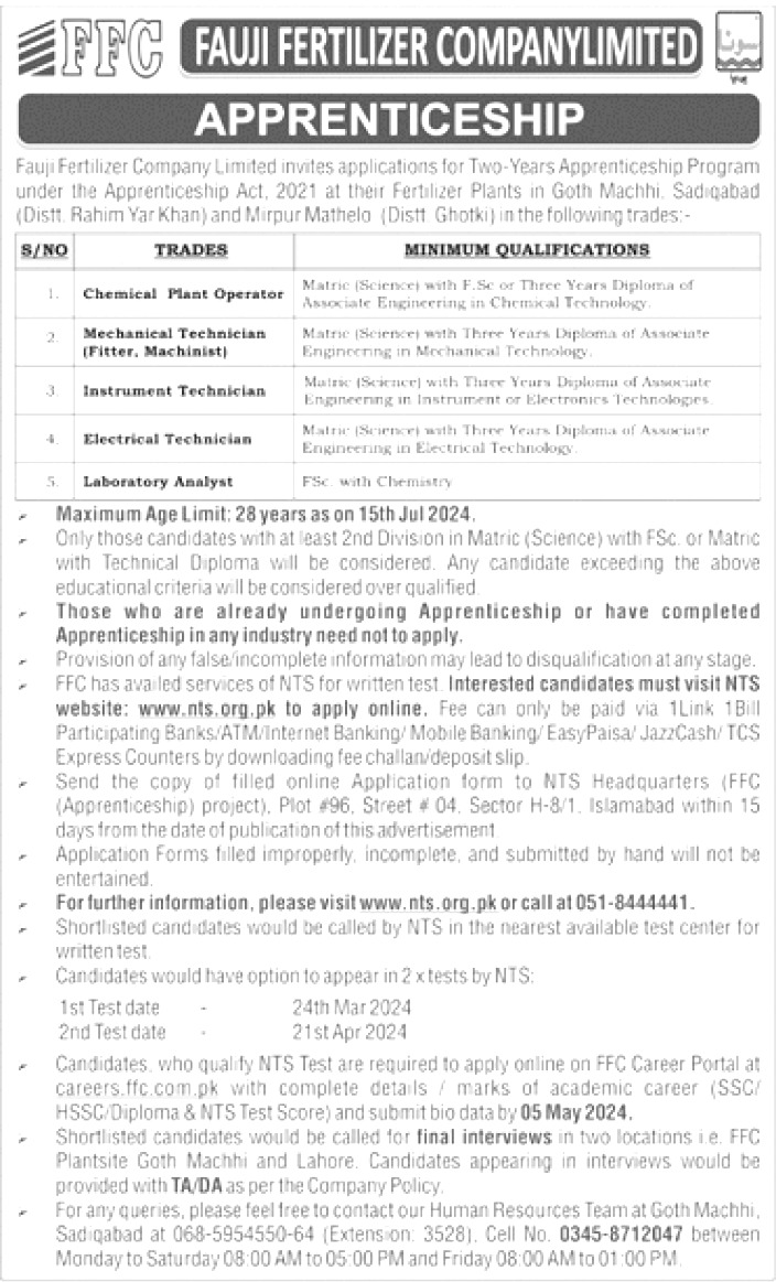 Fauji Fertilizer Apprenticeship Program 2024