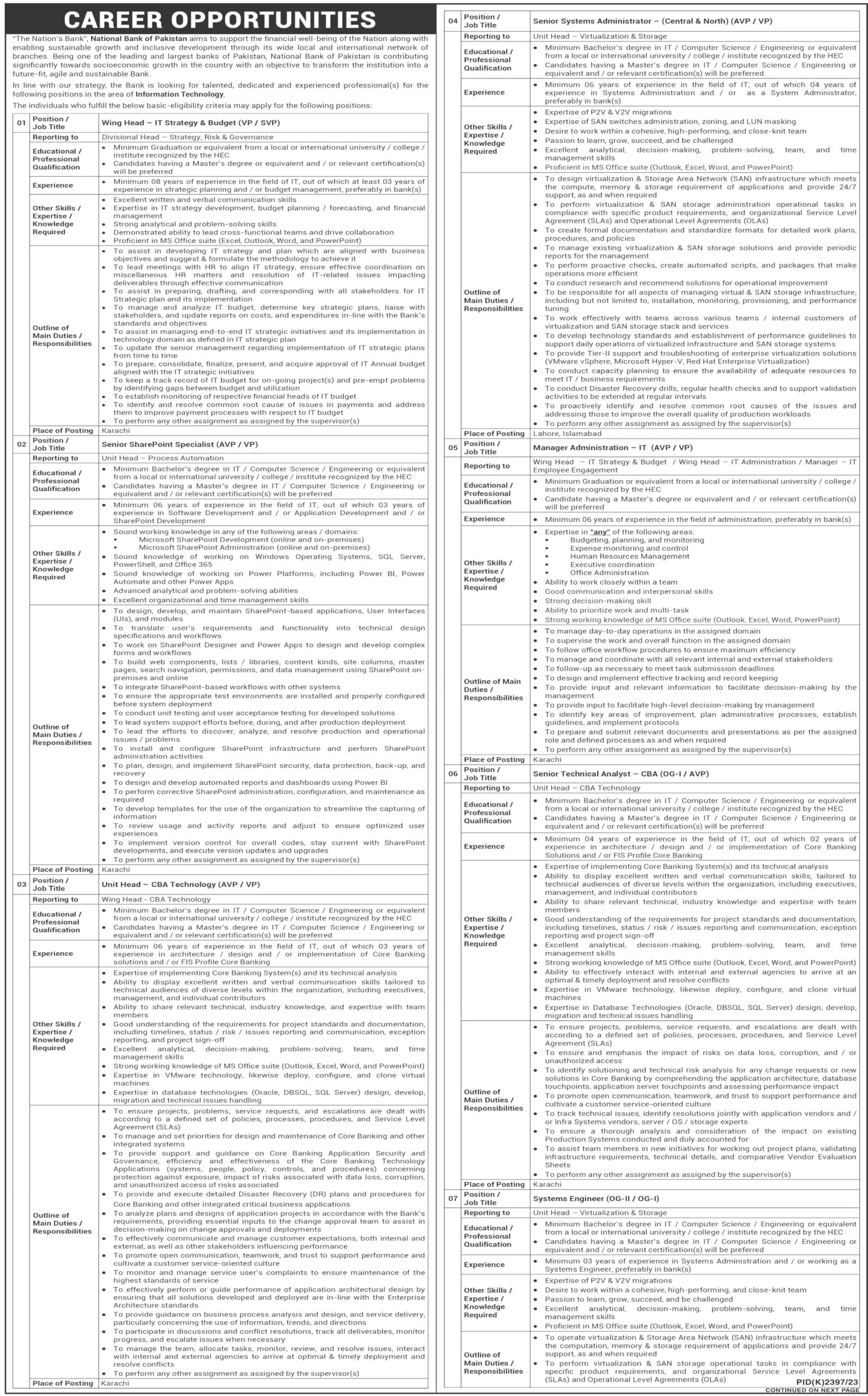 National Bank Of Pakistan Jobs 2024