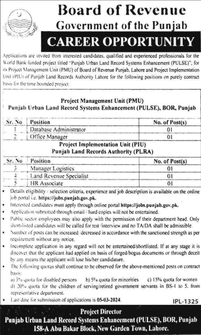 Board of Revenue Punjab Jobs 2024