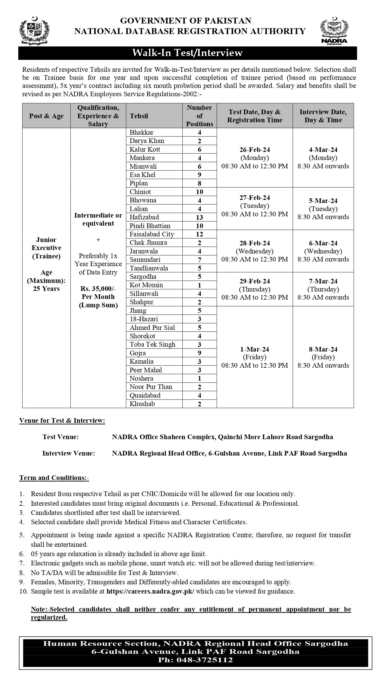 NADRA Regional Head Office Jobs 2024