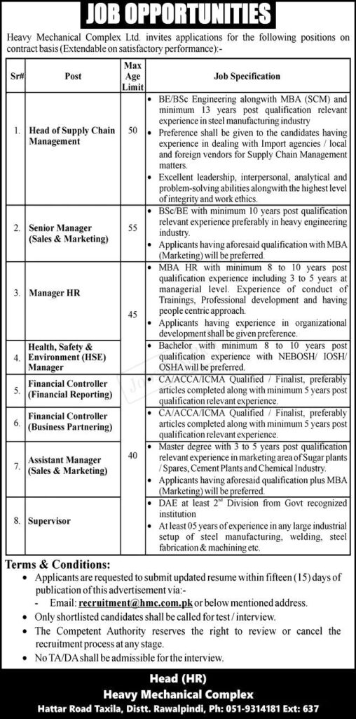 HMC Taxila Jobs Heavy Mechanical Complex