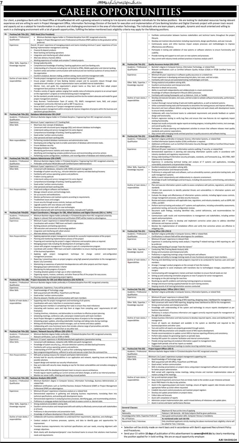 Bank of AJK Jobs 2024