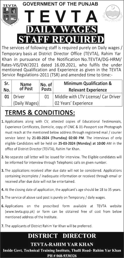 TEVTA Punjab Jobs 2024