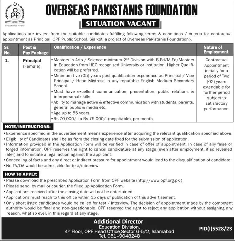 Overseas Pakistanis Foundation Jobs 2024