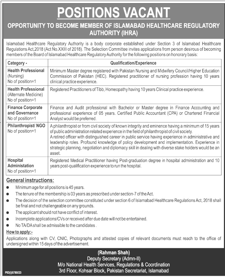 Islamabad Healthcare Regulatory Authority Jobs 2024