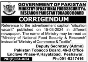 Ministry Of National Food Security Jobs 2024