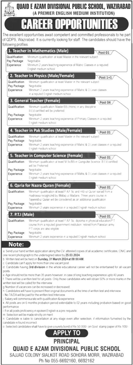 Quaid E Azam Divisional Public School Teaching Jobs 2024