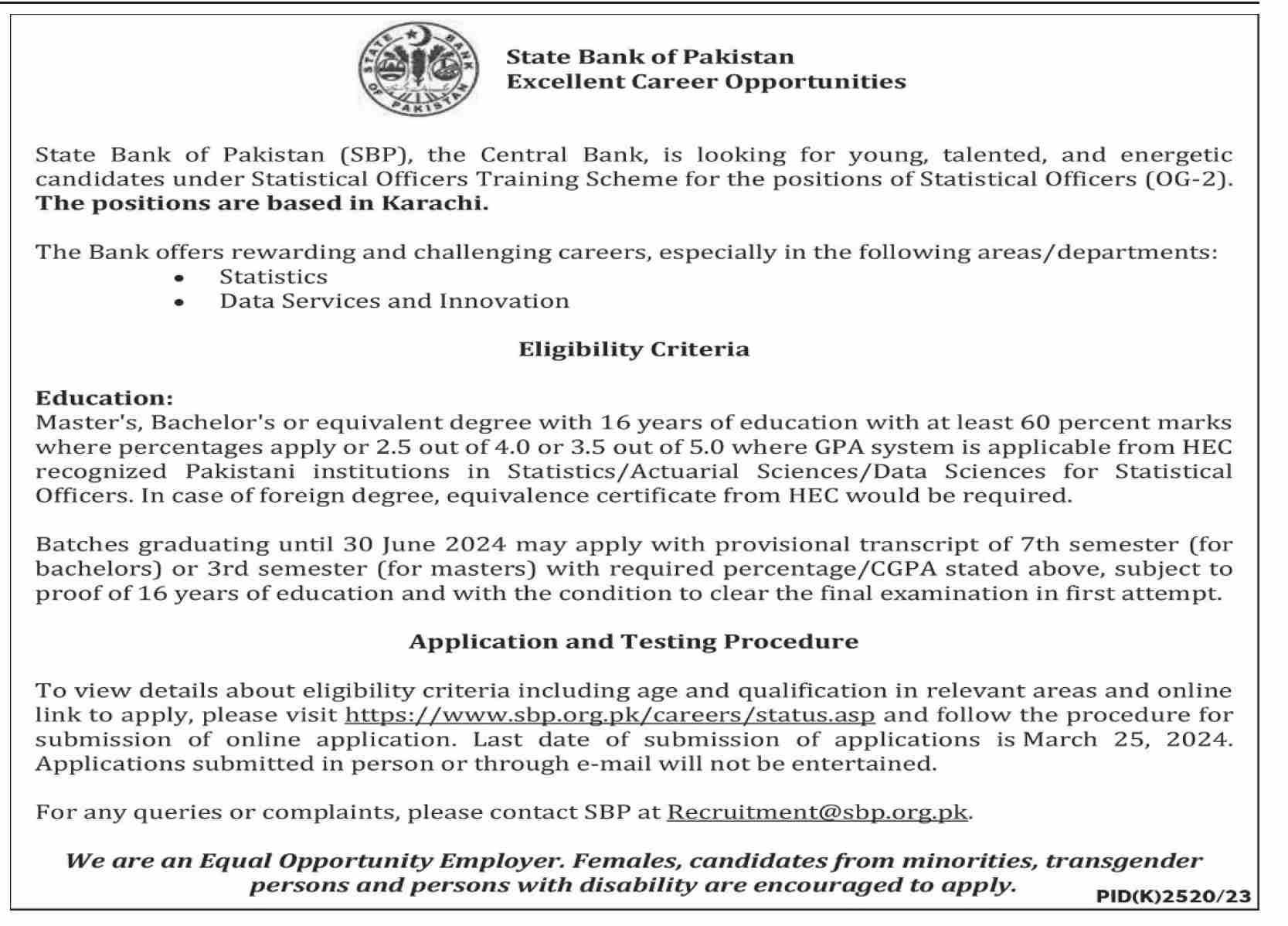 State Bank Of Pakistan Jobs 2024