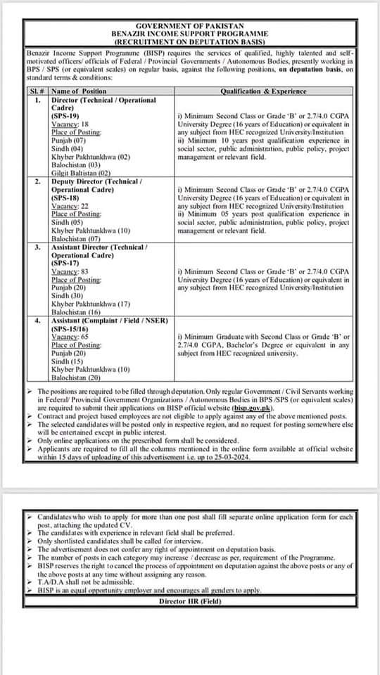 Benazir Income Support Programme Jobs 2024