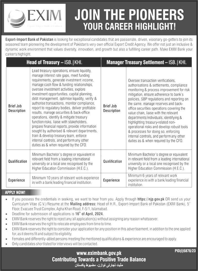 EXIM Bank of Pakistan Jobs 2024