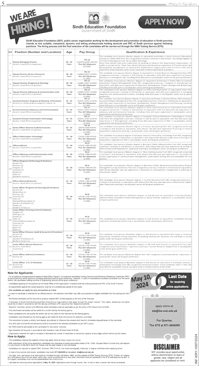 Sindh Education Foundation Jobs 2024