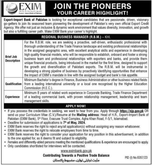 Exim Import Bank of Pakistan Jobs 2024