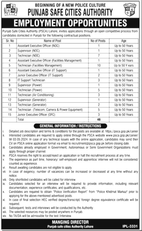 Punjab Safe Cities Authority Jobs 2024