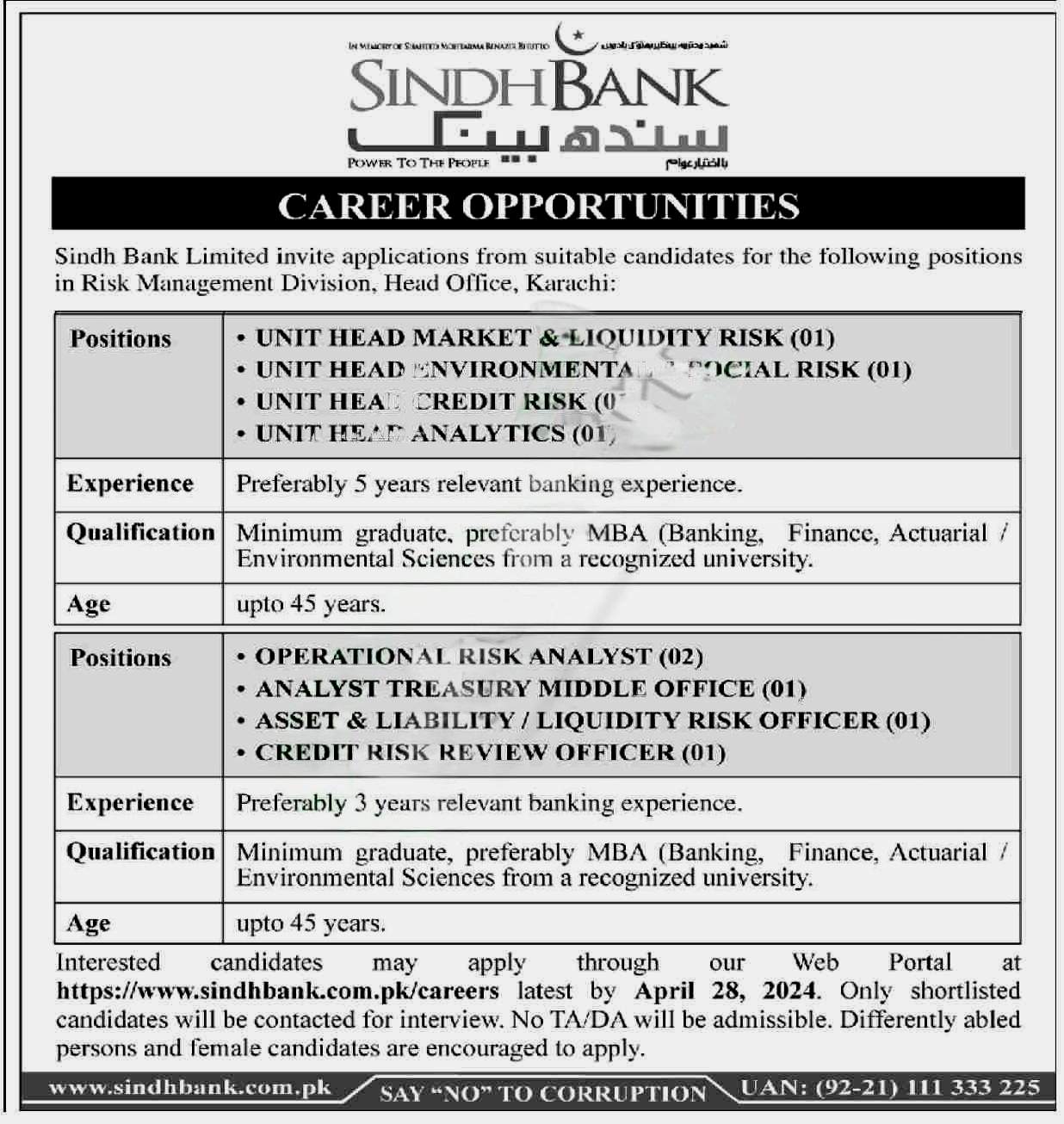 Sindh Bank Jobs 2024