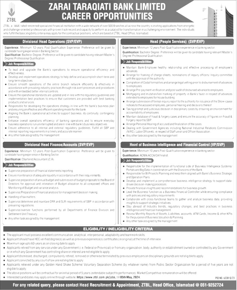 Zarai Taraqiati Bank Limited Jobs 2024