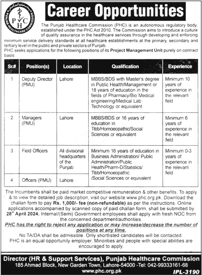 Punjab Healthcare Commission Jobs 2024