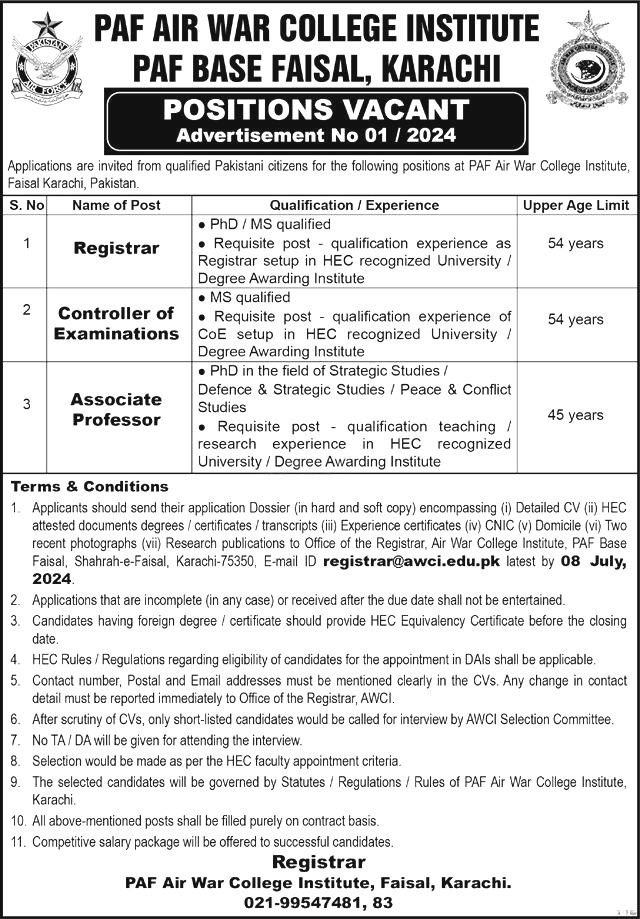 PAF Air War College Jobs 2024