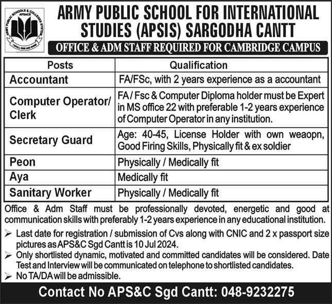 Army Public School Jobs 2024