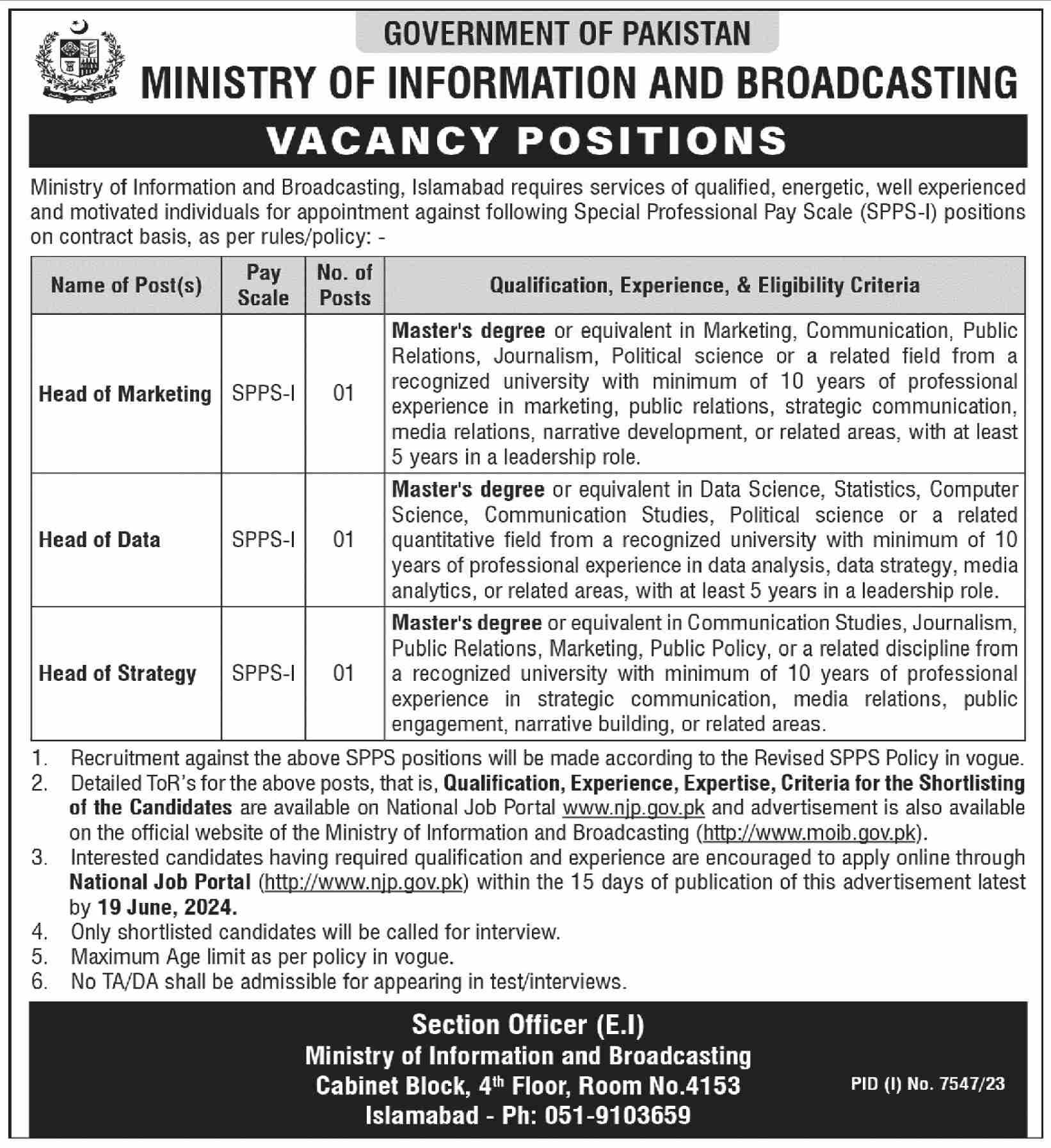 Ministry Of Information & Broadcasting Jobs 2024