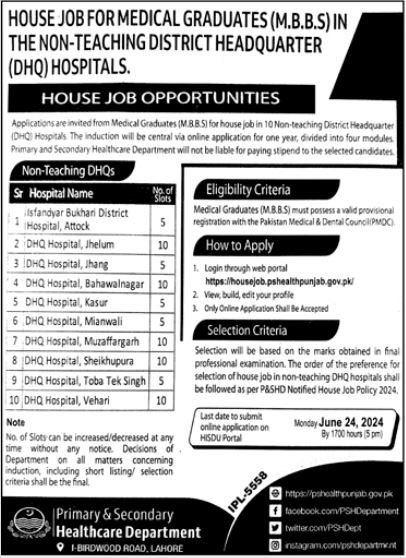 Primary & Secondary Healthcare Department Jobs 2024