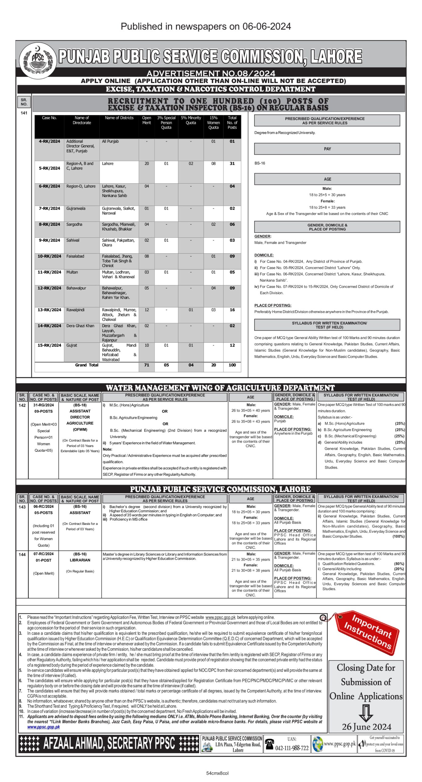 Excise Taxation & Narcotics Control Department Jobs 2024