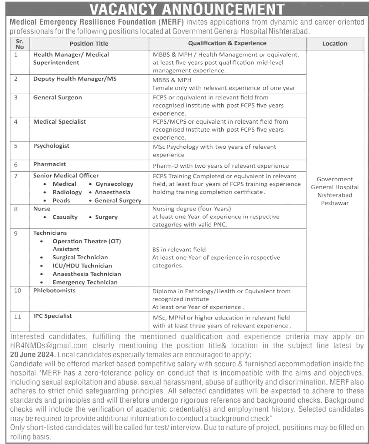 Medical Emergency Resilience Foundation Jobs 2024