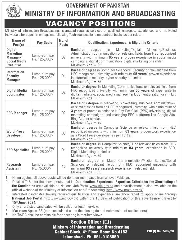 Ministry of Information & Broadcasting Jobs 2024