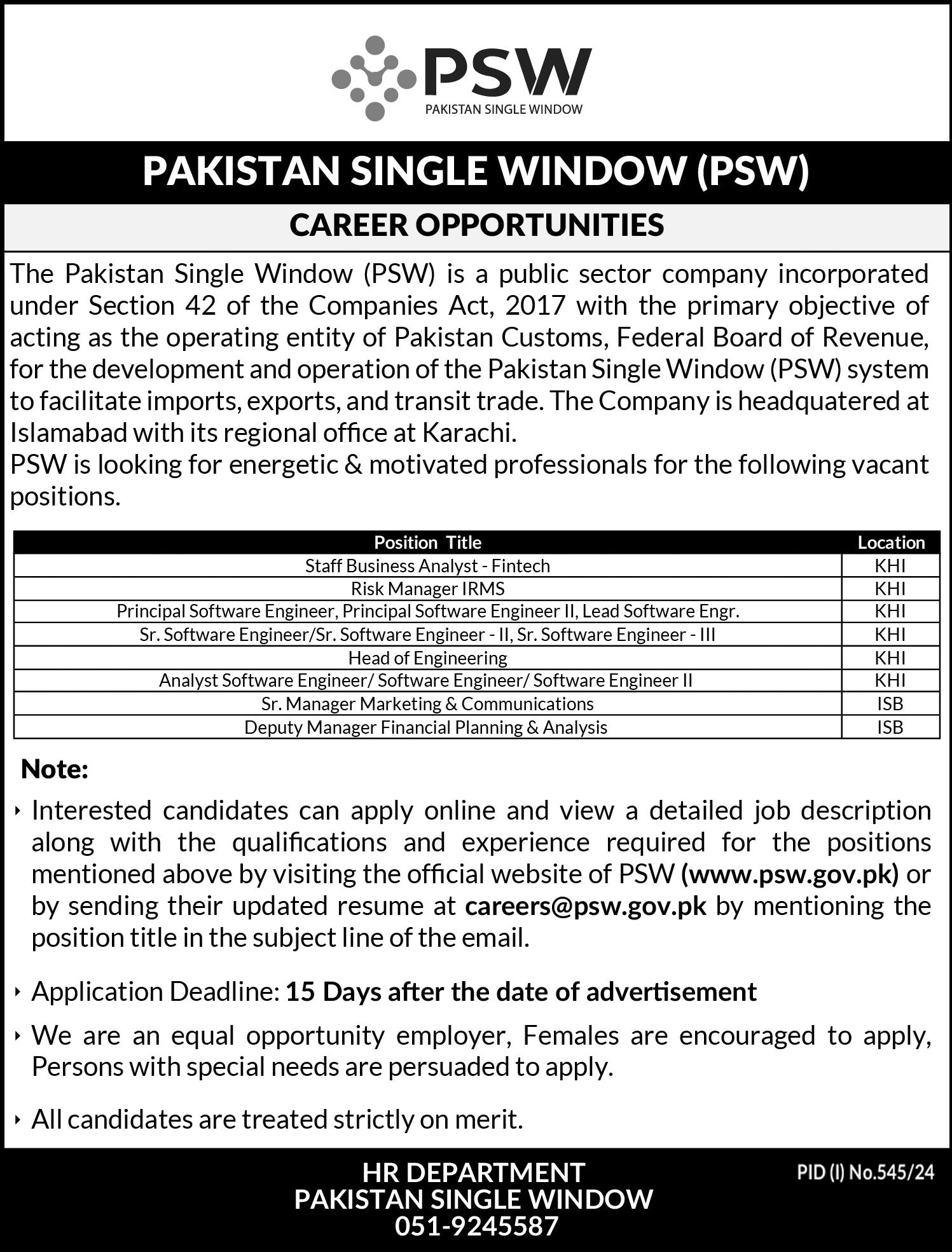 Pakistan Single Window Jobs 2024