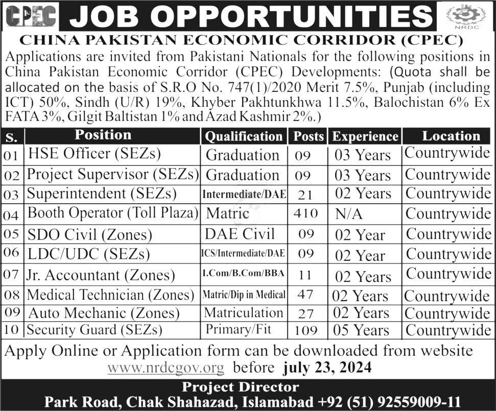 China Pakistan Economics Corridor Jobs 2024