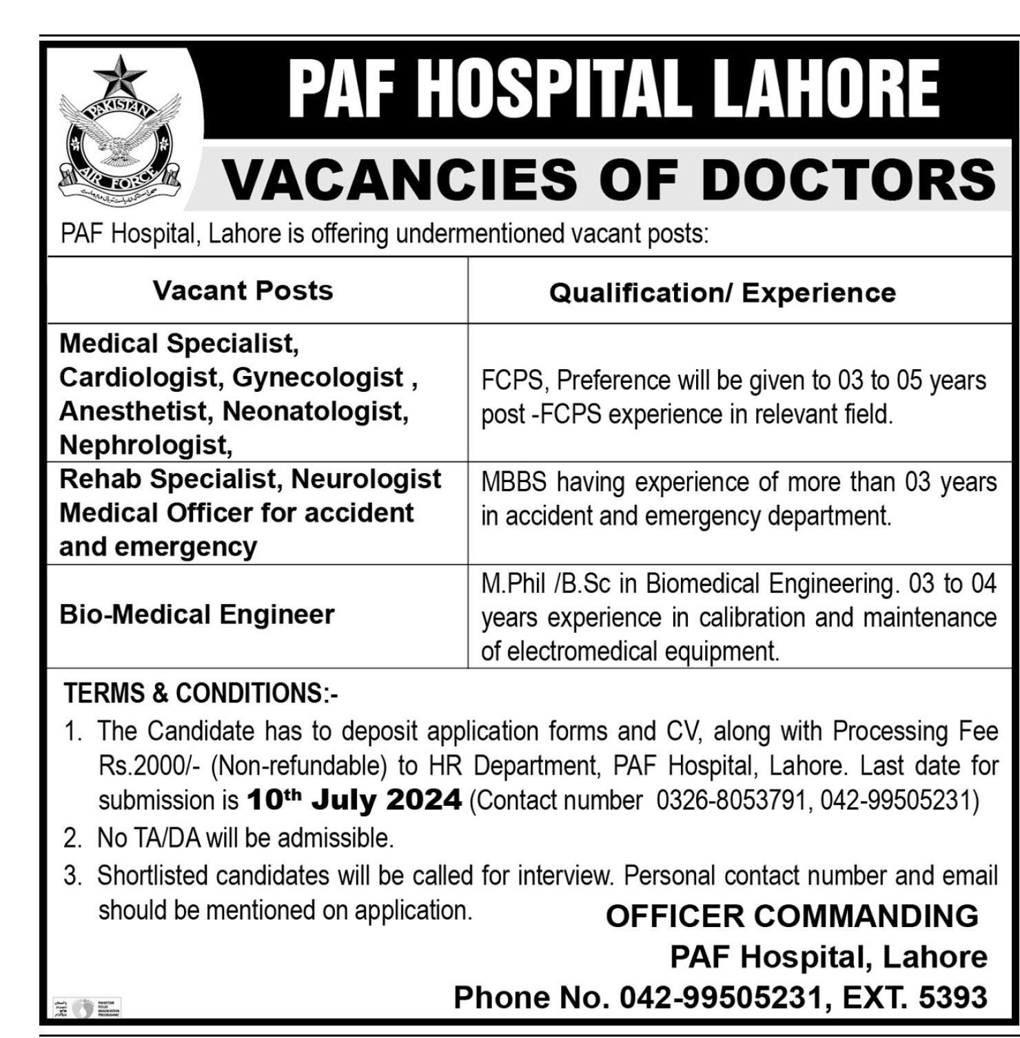 PAF Hospital Jobs 2024