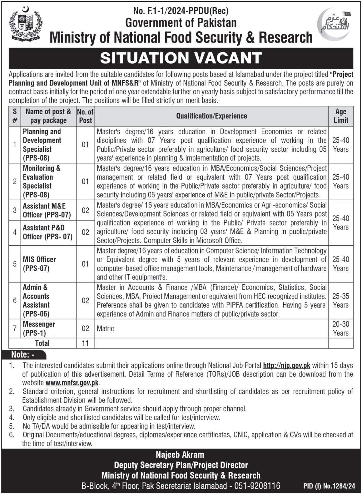 Ministry Of National Food Security Jobs 2024