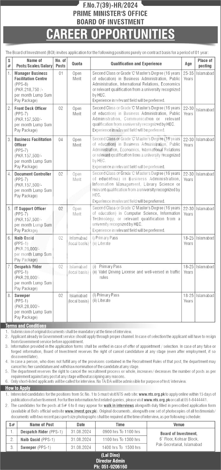 Prime Minister Office Board of Investment Jobs 2024