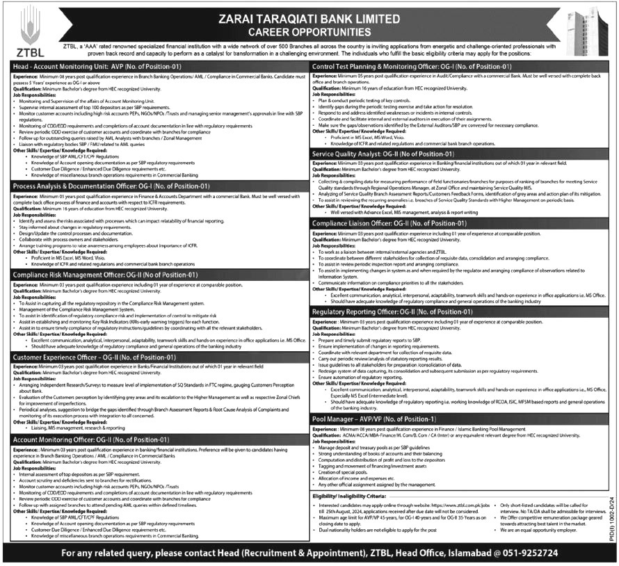 Zarai Taraqiati Bank Limited Jobs 2024