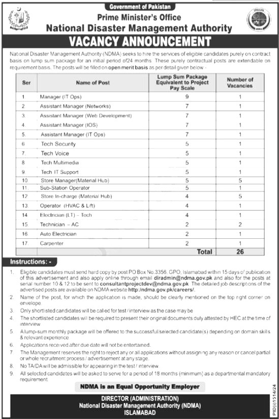 National Disaster Management Authority Jobs 2024