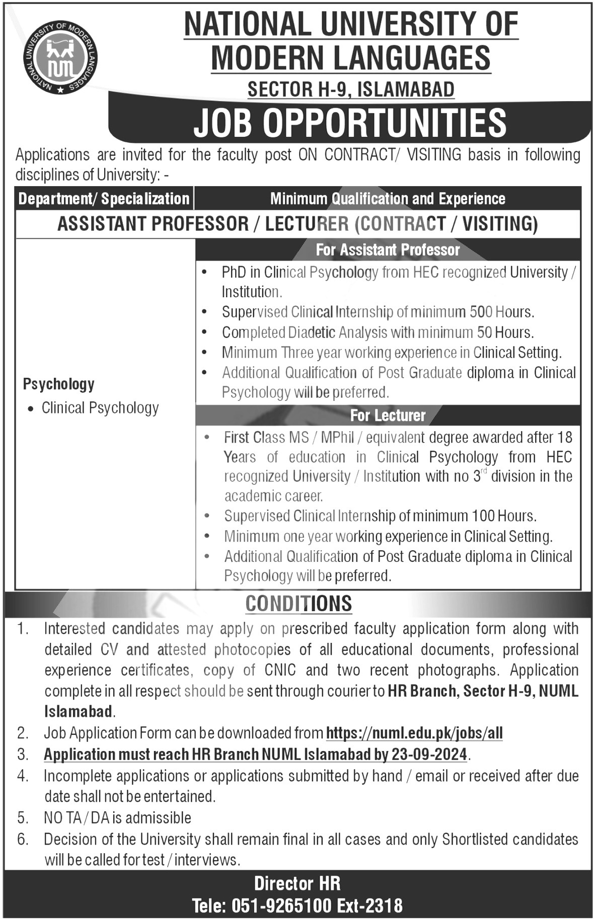 NUML Teaching Staff Jobs 2024