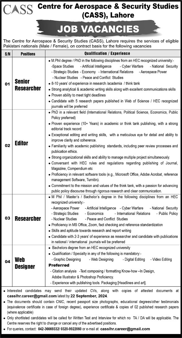 Centre For Aerospace & Security Studies Jobs 2024