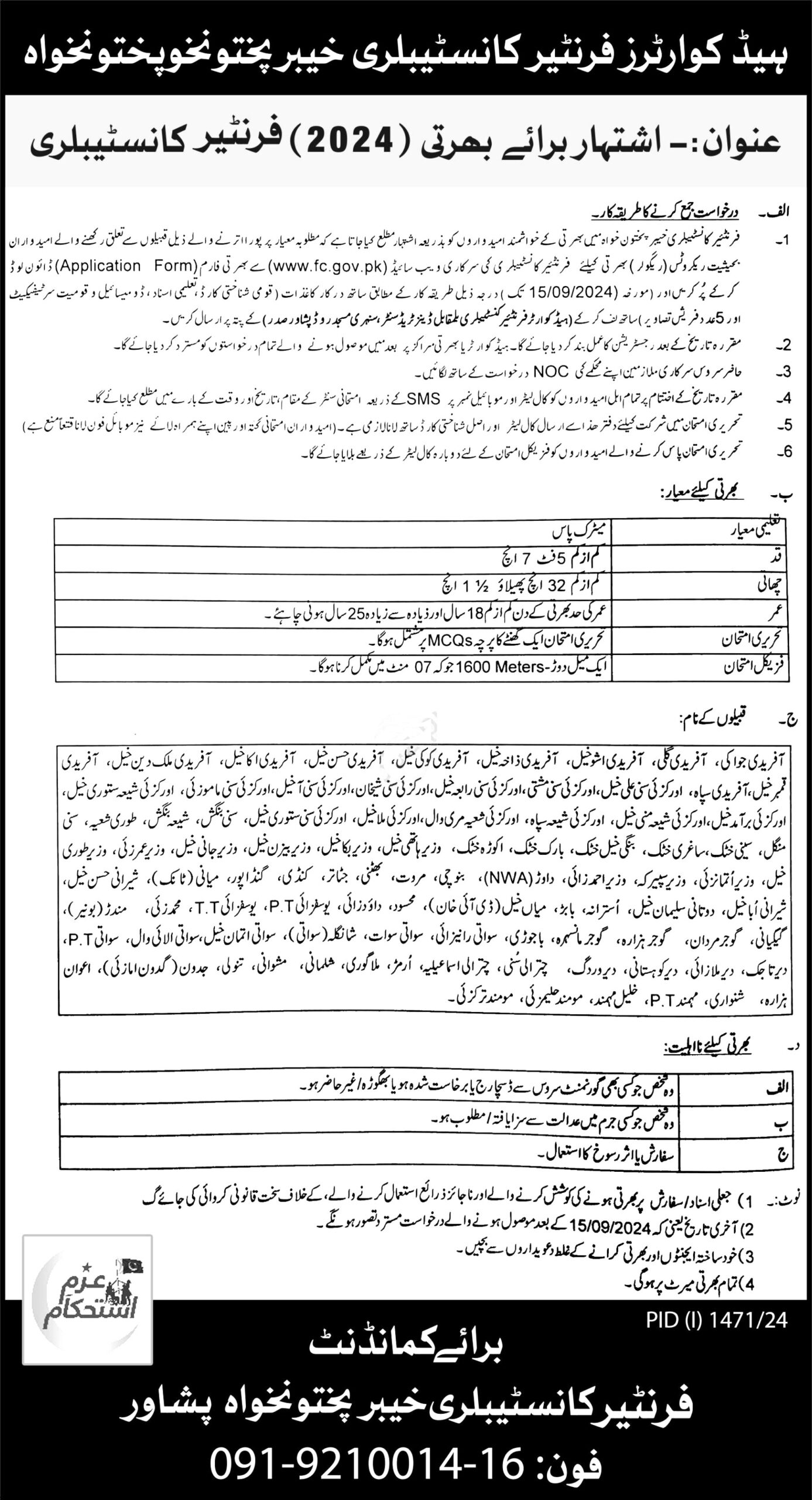 Frontier Constabulary Jobs 2024