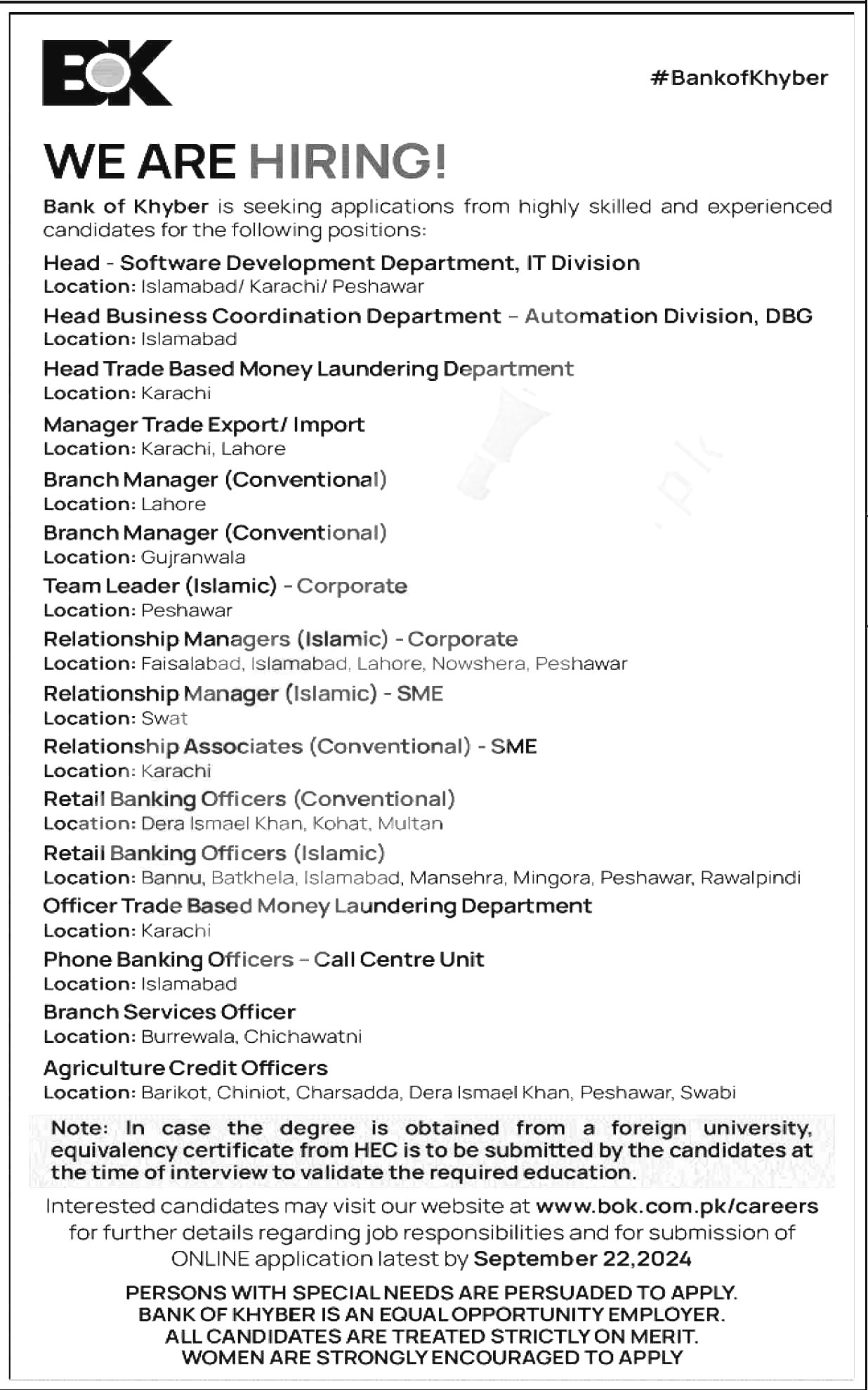 Bank of Khyber Jobs 2024