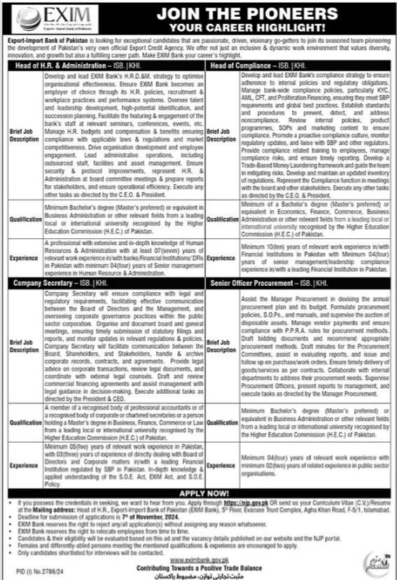 Exim Import & Export Bank Of Pakistan Jobs 2024