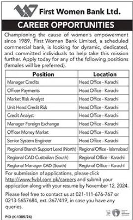 First Women Bank Limited Jobs 2024