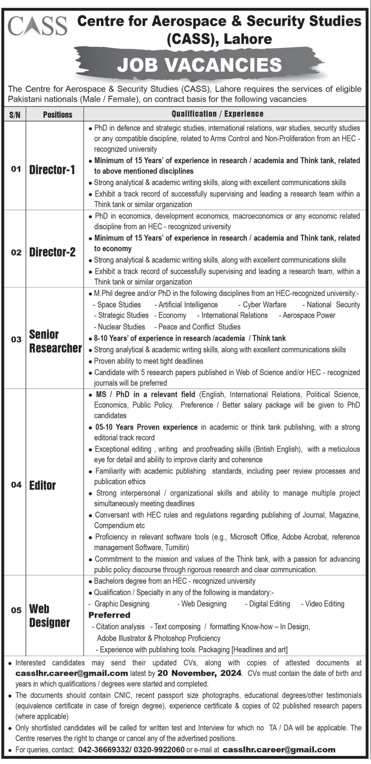 Centre For Aerospace & Security Studies Jobs 2024