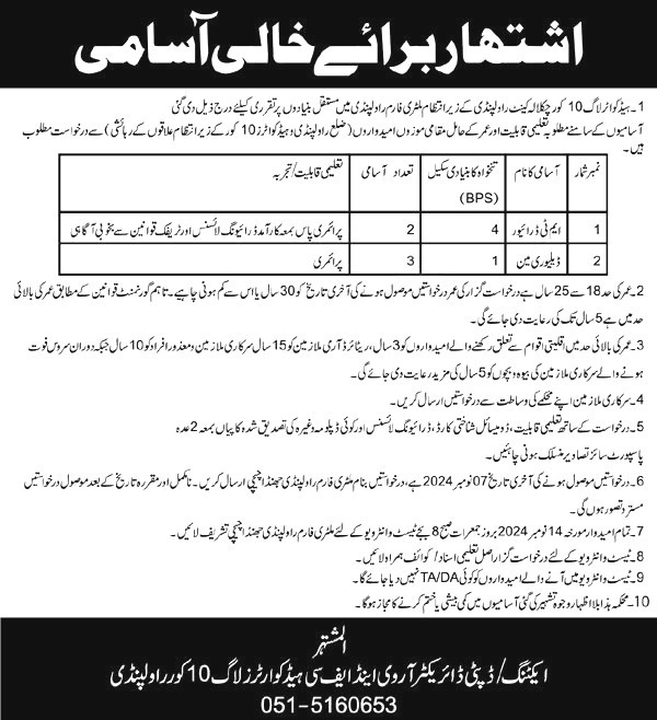 Headquarter 10 Core Chaklala Cantt Jobs 2024