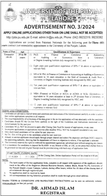 University Of The Punjab Jobs 2024