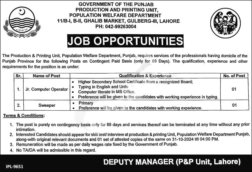 Population Welfare Department Jobs 2024