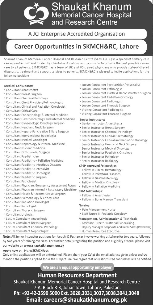 Shaukat Khanam Memorial Cancer Hospital Jobs 2024